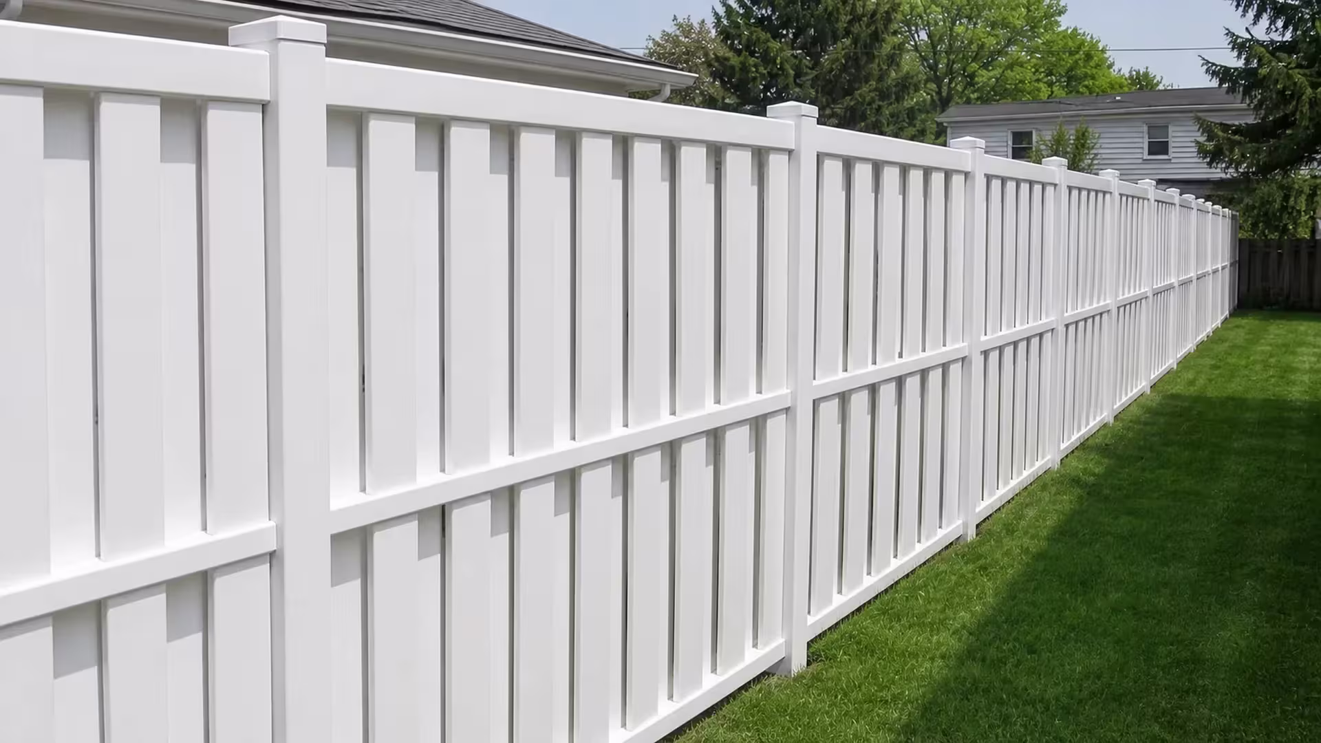 Overhead utility line crosses above this White vinyl vertical-picket semi-privacy fence's diagonal run