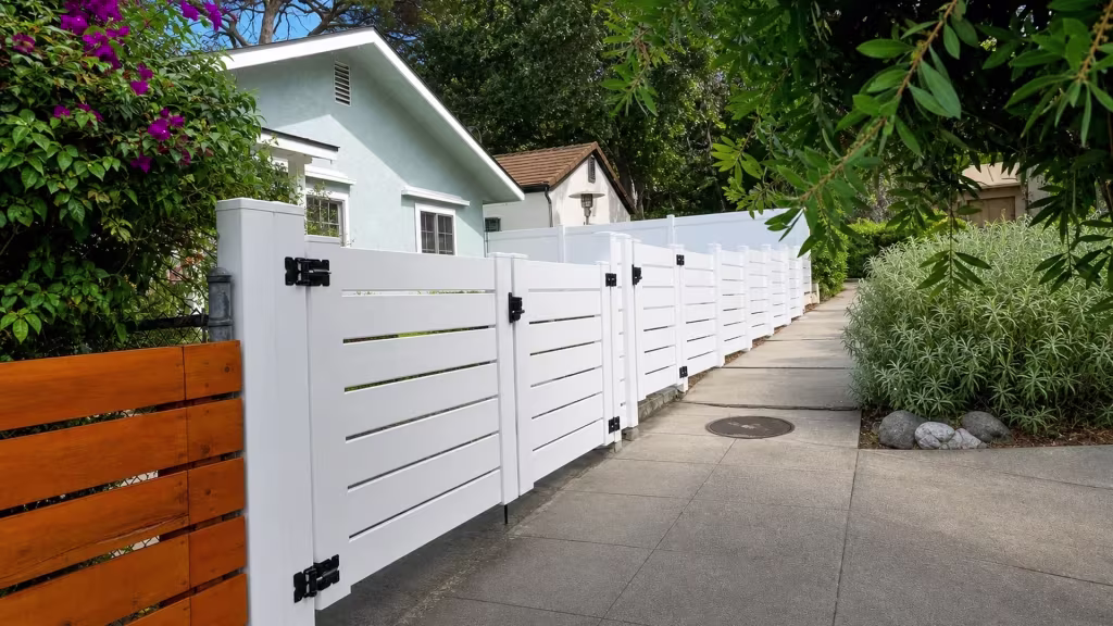This White vinyl semi-privacy fence turns into a double gate beside an orange-brown board fence on a sloped path