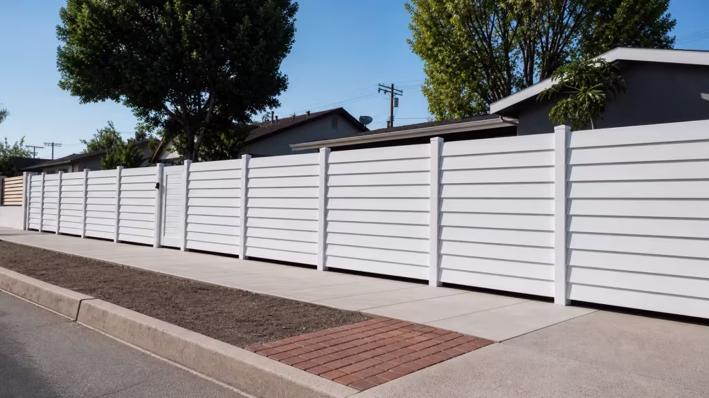 Nine fence bays follow the yard's natural grade in this White vinyl horizontal semi-privacy fence line