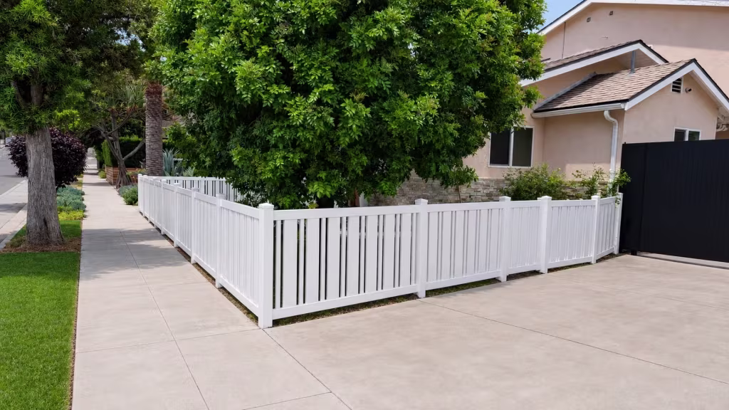 Peach stucco walls frame the L-shaped corner turn of this picket-top White vinyl semi-privacy fence