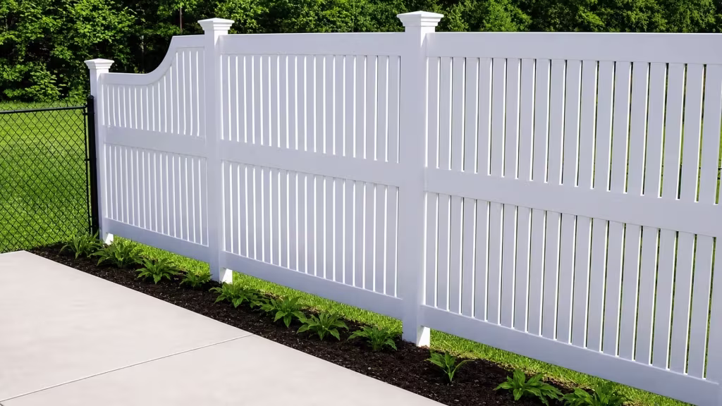 Curved rise in the grade lifts this White vinyl semi-privacy fence past a black chain-link boundary line