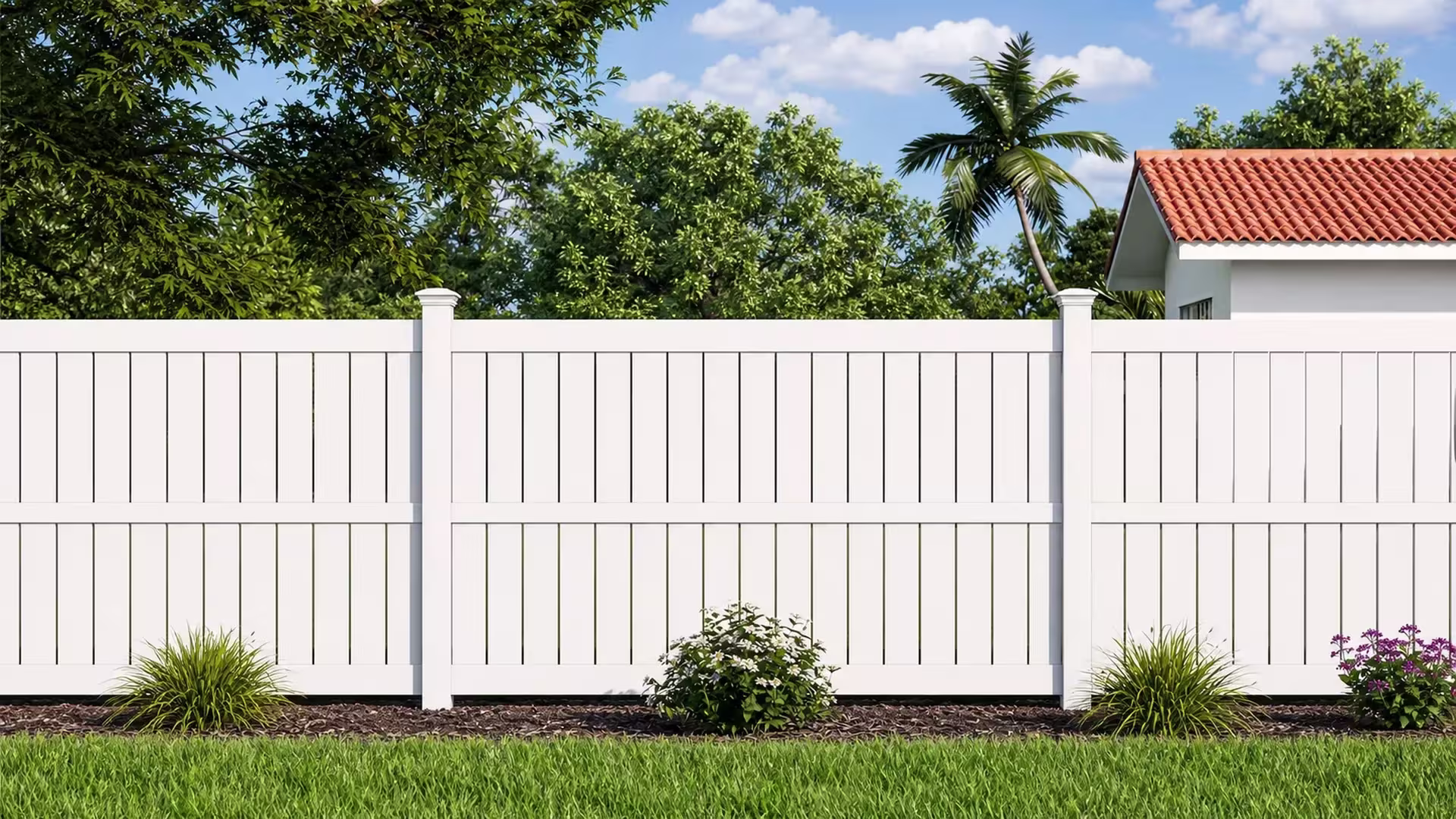 Red clay-tile roofline rises behind this White vinyl semi-privacy fence and its single center panel