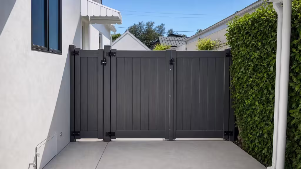 Arctic Blend vinyl side gate spanning a driveway between a white stucco house and a dense hedge