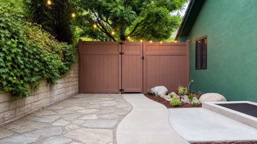 Brazilian Blend vinyl side gate set between a block retaining wall and a green stucco house