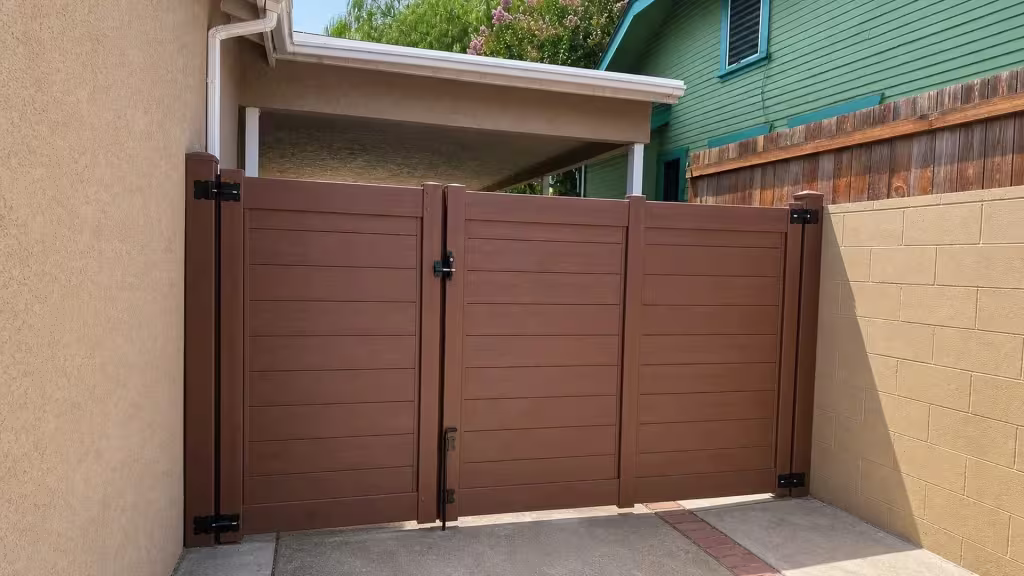 Brazilian Blend vinyl side gate closing a narrow side-yard opening between a stucco wall and a block wall