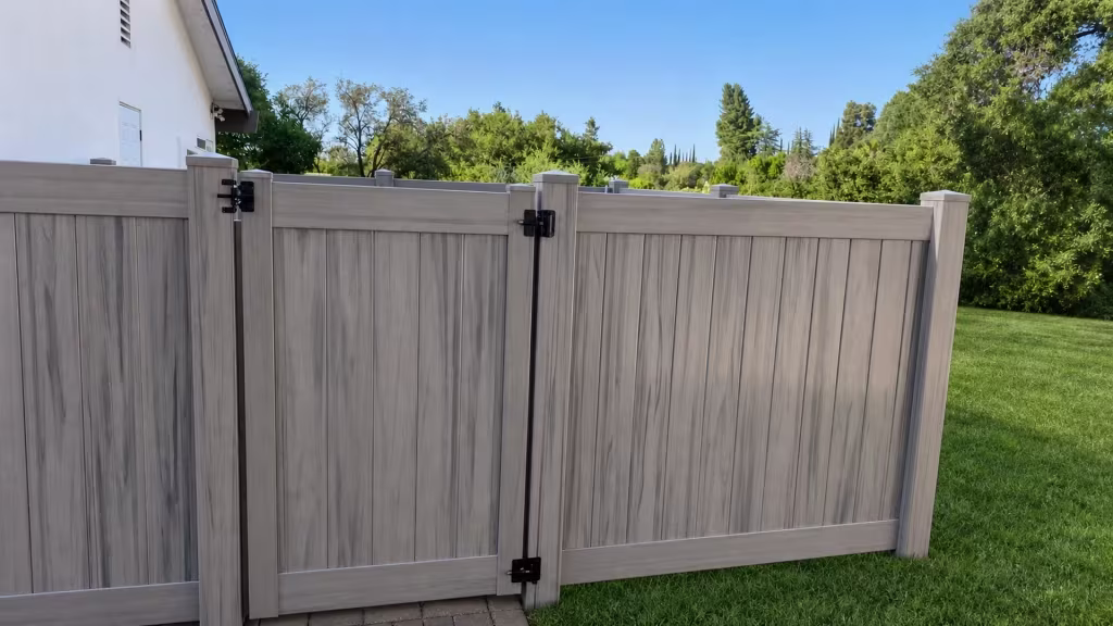 Coastal Cedar vinyl side gate paired with an adjoining vertical tongue-and-groove privacy fence run