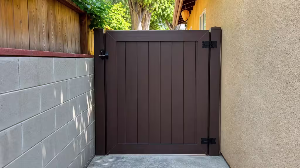Dark Walnut vinyl side gate with ten vertical tongue-and-groove boards set on a concrete walkway