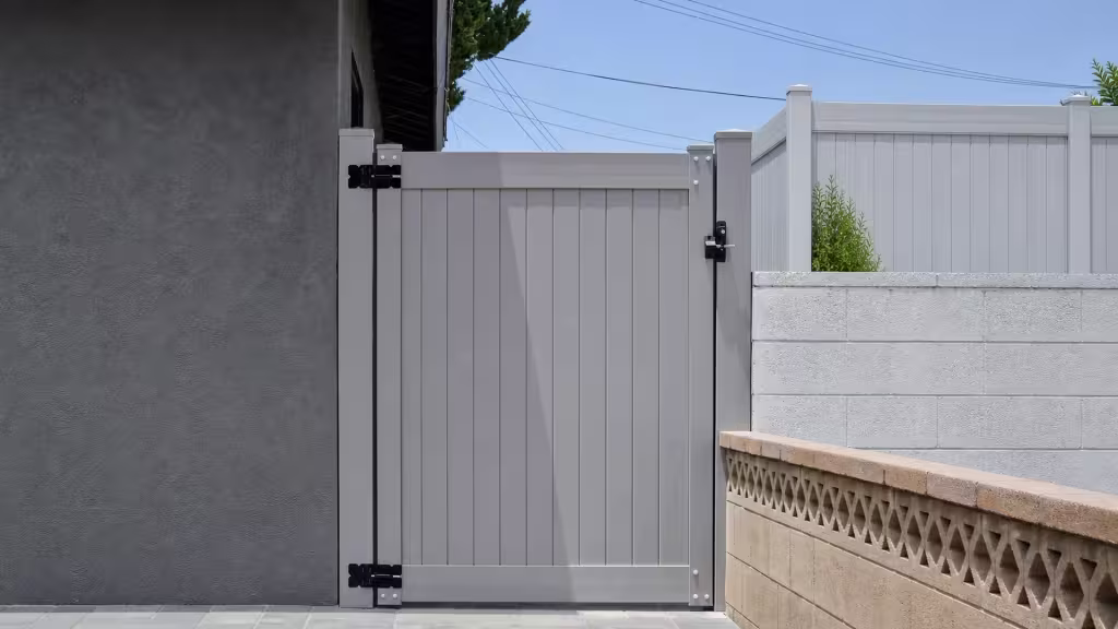 Slate Gray vinyl side gate spanning the gap between a dark stucco building and concrete-block walls