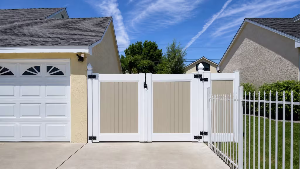 Tan vinyl side gate set between a beige stucco garage wall and an adjoining white picket fence