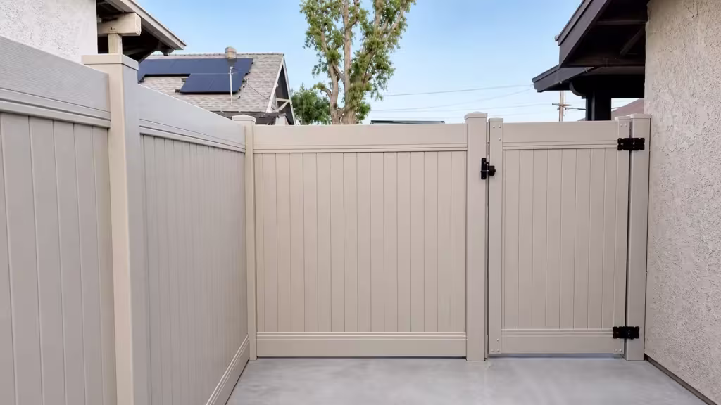 Tan vinyl side gate closing a concrete side yard beneath a neighboring roof fitted with solar panels