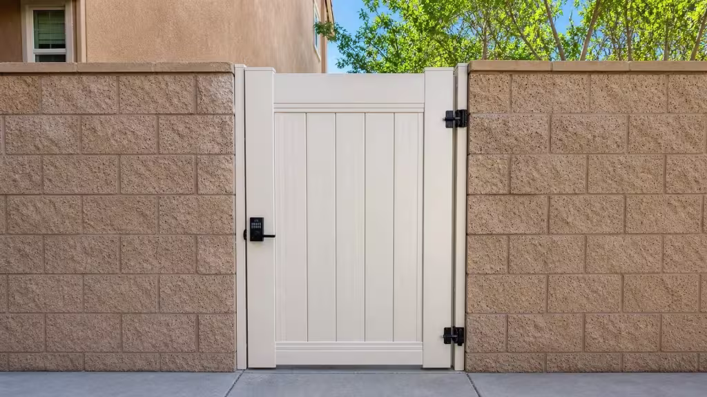 Tan vinyl side gate fitted between matching split-face block piers with a window glimpsed behind