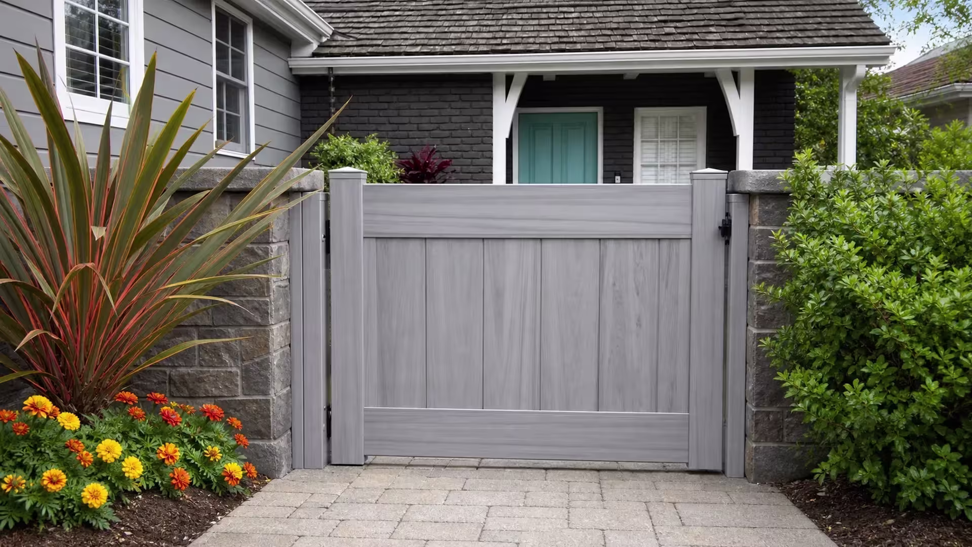 Weathered Aspen vinyl side gate standing along a paved walkway past a dark brick house facade