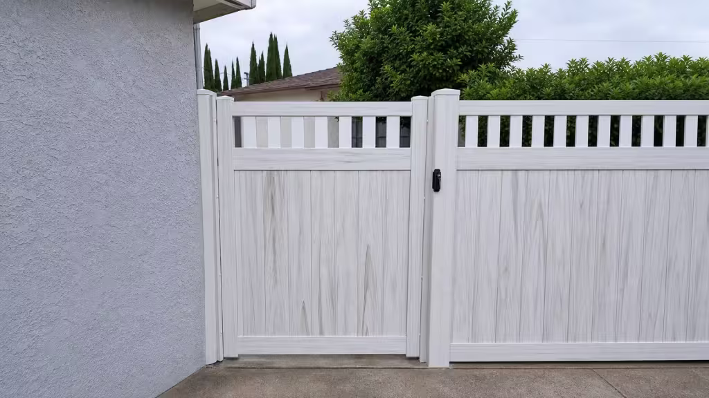 Weathered Aspen vinyl side gate framed by columnar evergreens beside a neighboring tiled roofline