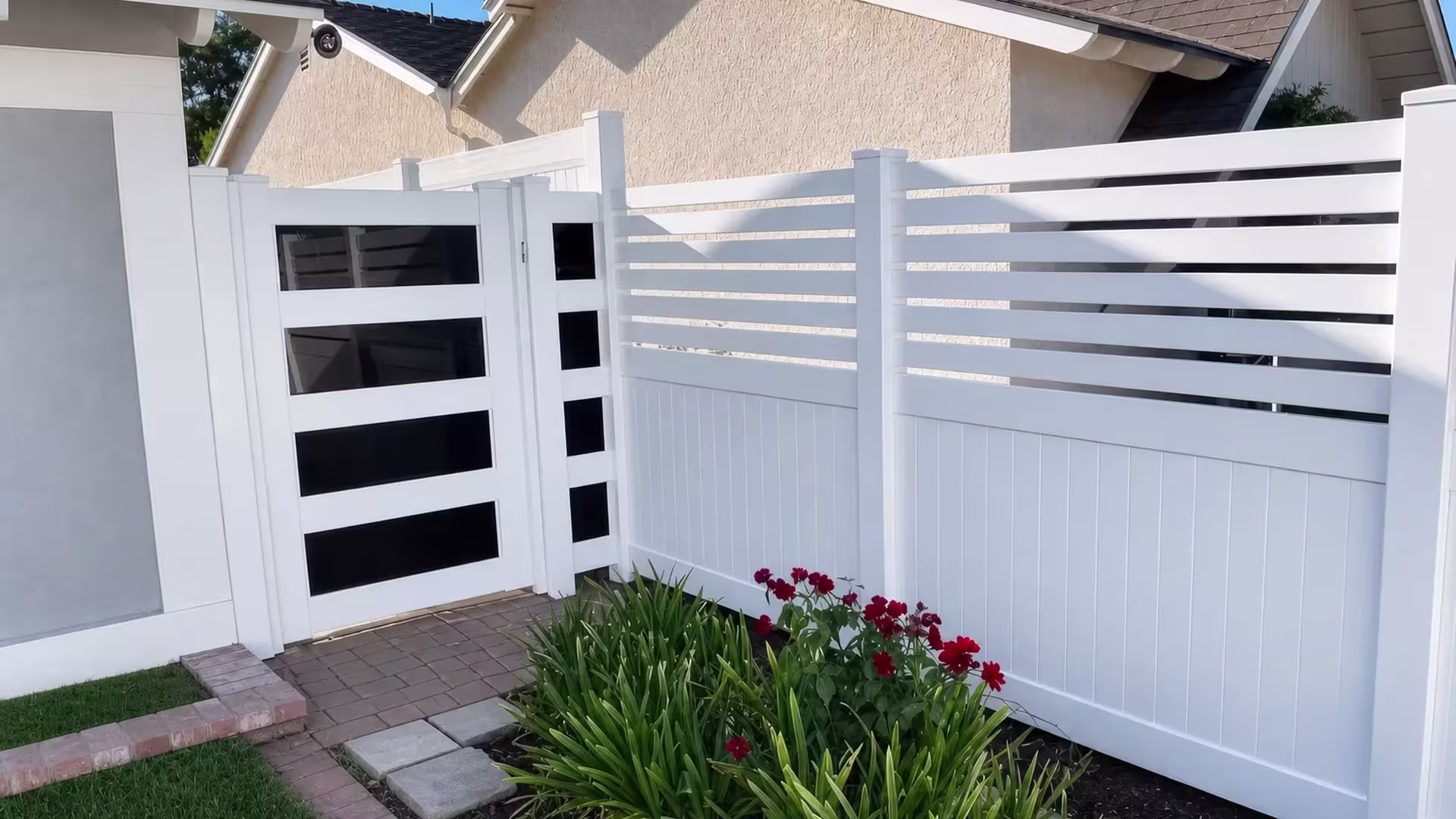 Four open rectangular bands frame this White vinyl side gate set between a house post and a fence post