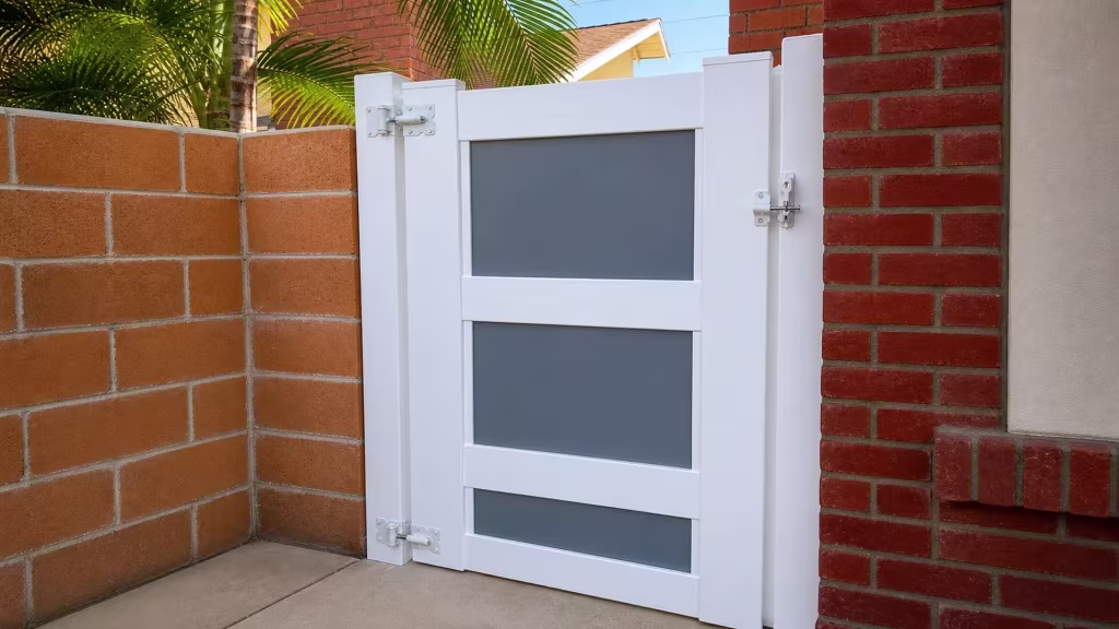 A red brick column meets this White vinyl side gate installed beside a concrete block wall