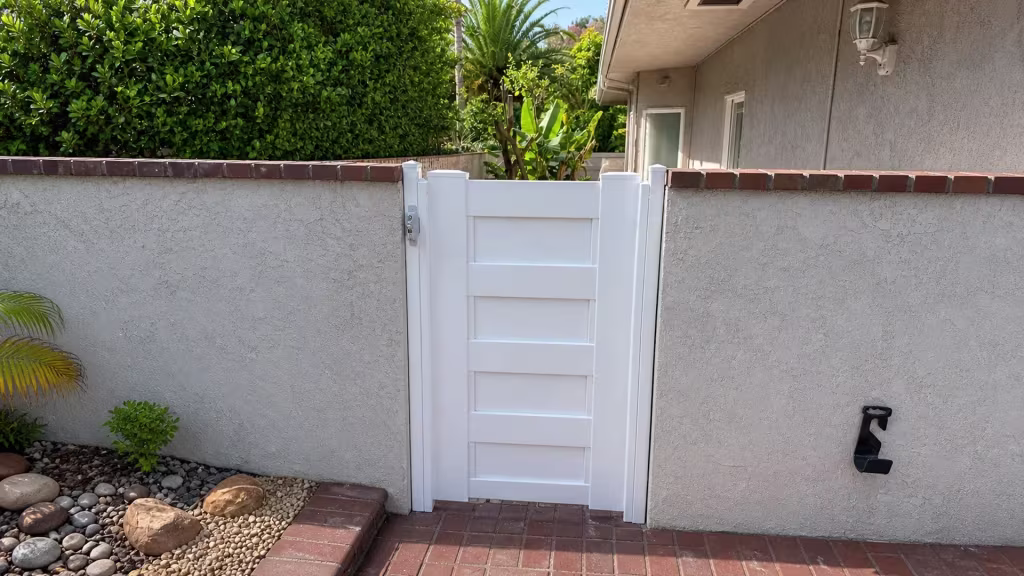 Reddish brown coping bricks top the stucco walls flanking this White vinyl side gate
