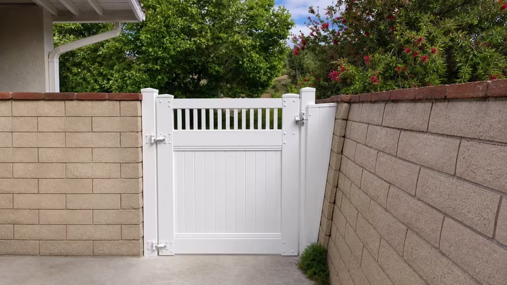 Concrete block walls frame this White vinyl side gate near a flowering bottlebrush shrub