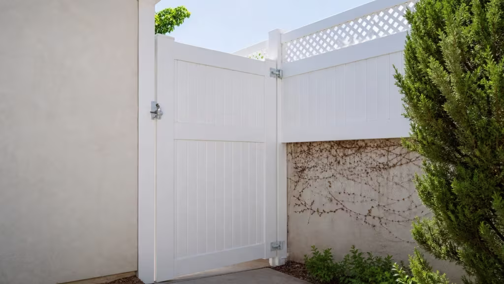 Narrow vertical slats form this White vinyl side gate standing against a stucco wall and an evergreen shrub