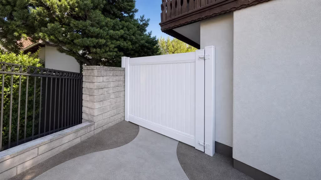 A gray masonry pier anchors this White vinyl side gate beneath a dark wood balcony and a mature evergreen tree