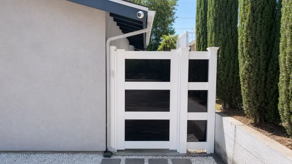 White vinyl two-leaf side gate closing a single passage between a stucco house and a retaining wall lined with evergreens