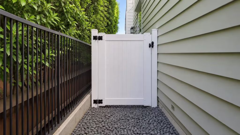 A black metal fence and pale green house siding flank this White vinyl side gate over river rock ground