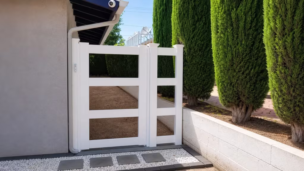 A stucco house and a low masonry wall lined with cypress flank this White vinyl side gate's asymmetrical two-leaf layout