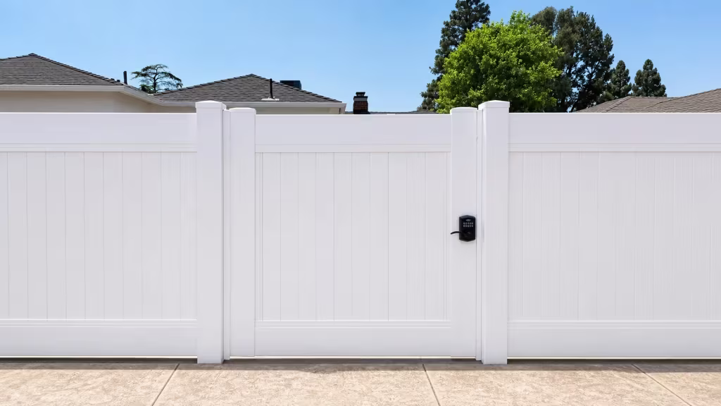 Rooftops and a chimney rise behind this White vinyl side gate centered in a privacy fence run, with paved ground below