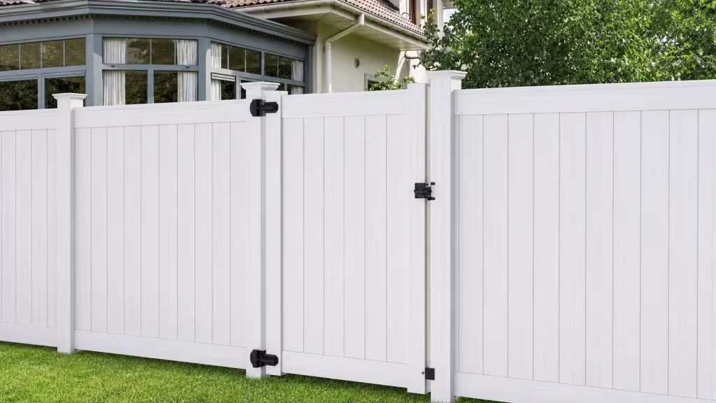 Black strap hinges secure this tall White vinyl side gate beneath a mature tree canopy