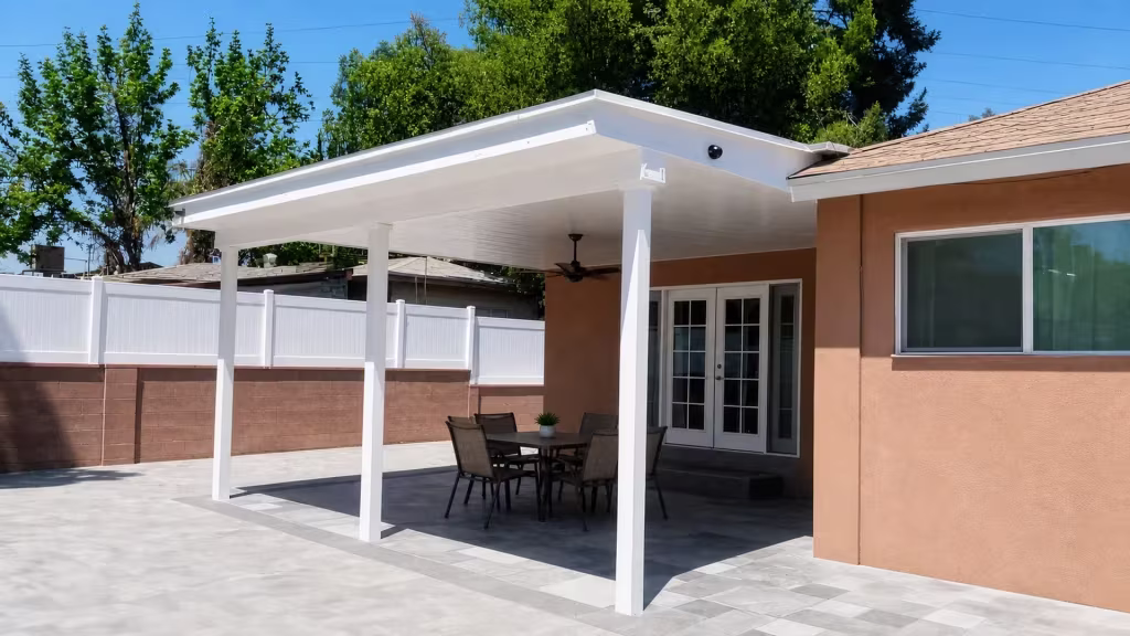 Peach stucco walls rise behind a White vinyl cover, its fascia meeting a brown masonry wall topped with fencing