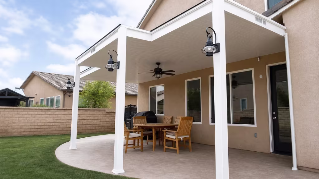 Intersecting fascia beams join two roof runs of this White vinyl solid patio cover beside a black exterior door