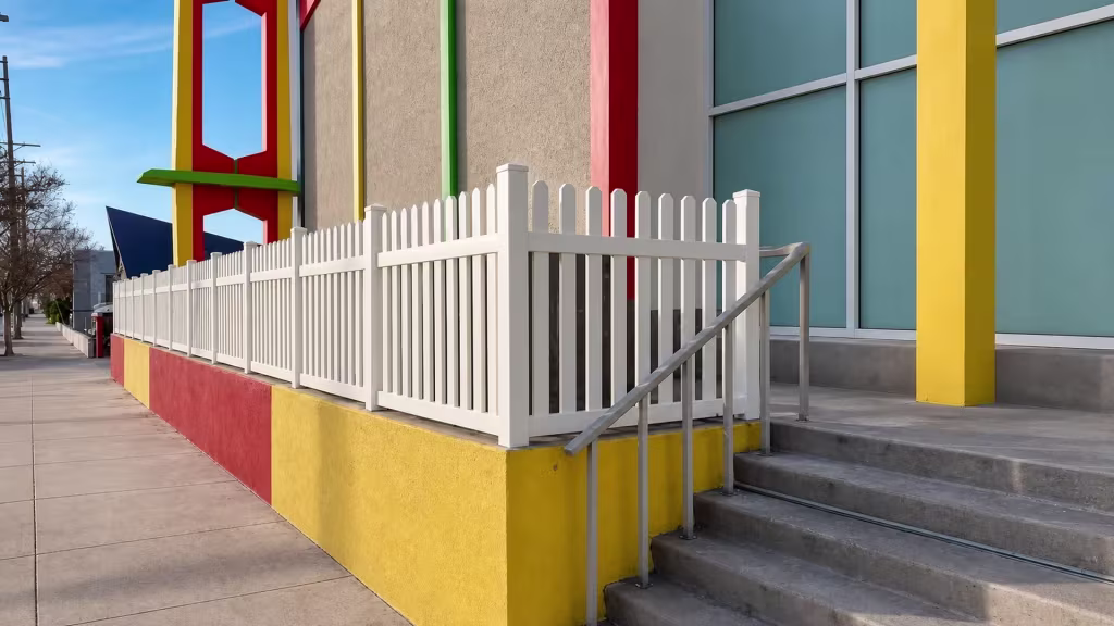 Tan vinyl picket fence capping a painted masonry wall in front of a colorful commercial building