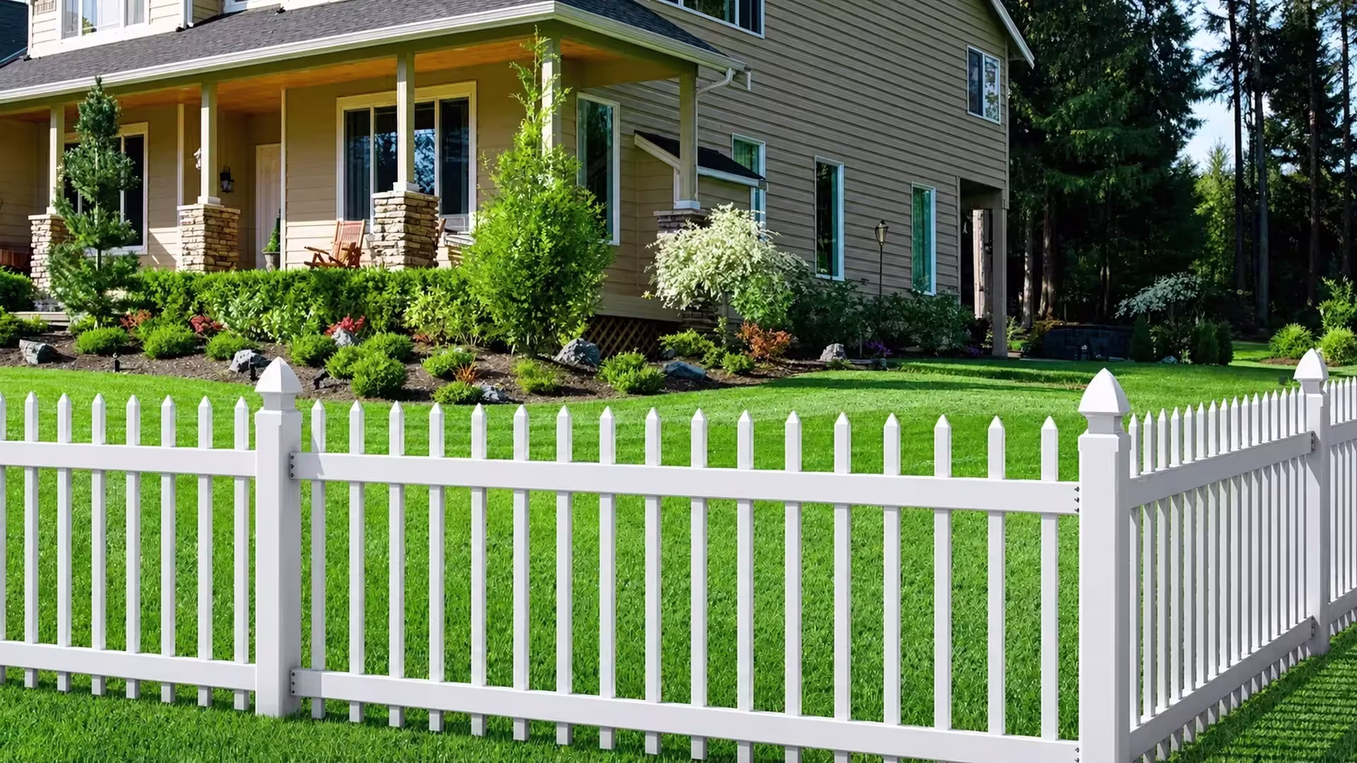 A columned porch on a beige house looks down on the White vinyl picket fence below