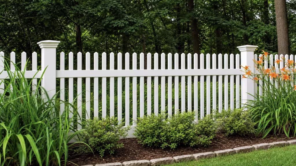 Orange flowers and strap-leaf plants fill a garden bed along a White vinyl picket fence bay