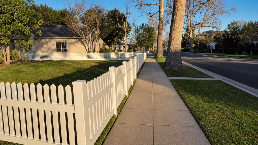 A White vinyl picket fence angles beside the sidewalk before turning around the front lawn corner