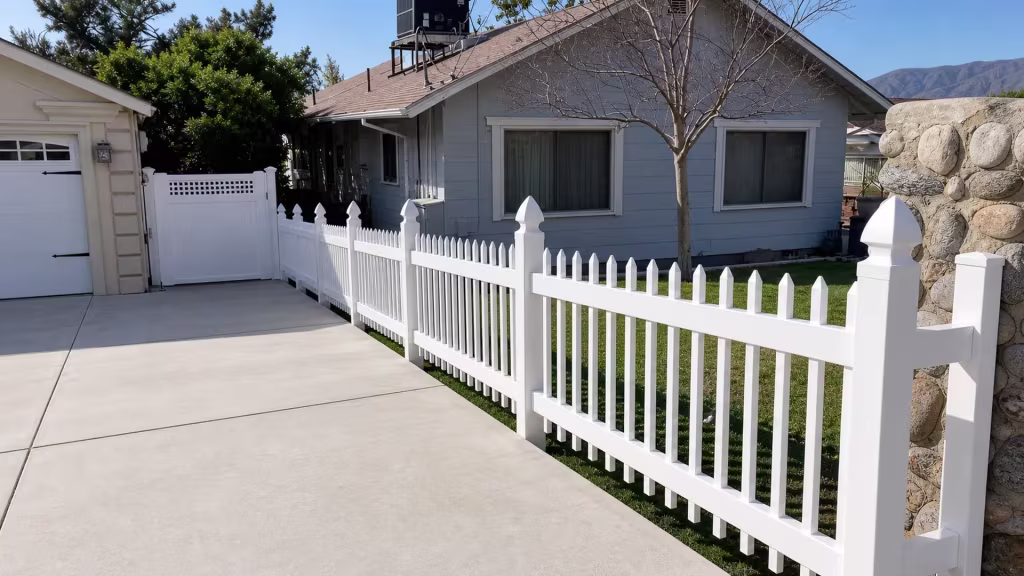 A diagonal run of White vinyl picket fence follows the concrete driveway past a sculpted rock wall