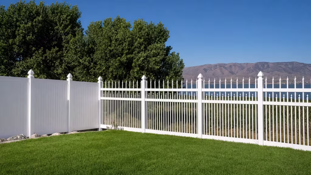A distant blue lake and dry mountain ridge fill the sky behind this White vinyl picket fence corner