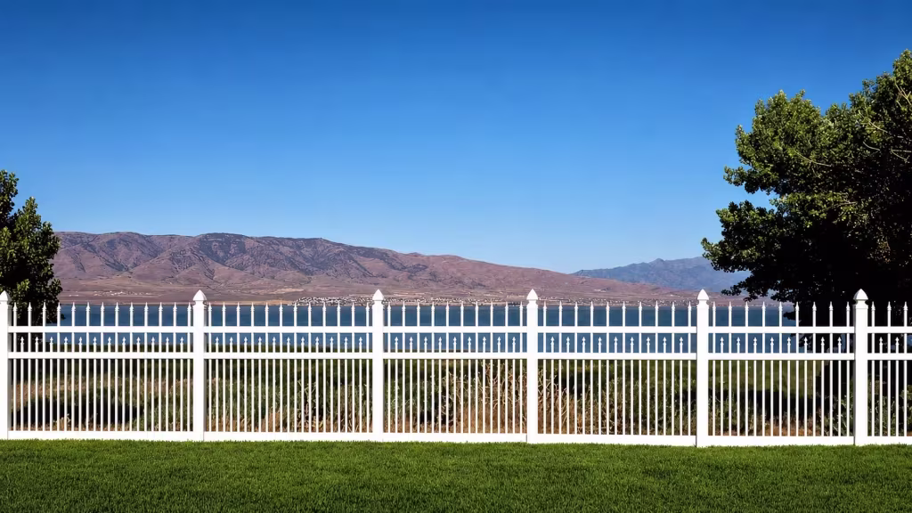 Three stacked bands of White vinyl pickets rise to different heights between the fence horizontal rails