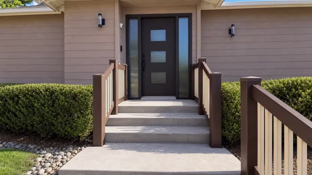 Cream vinyl two-tone fence climbing paired stairs toward a ribbed-glass front door