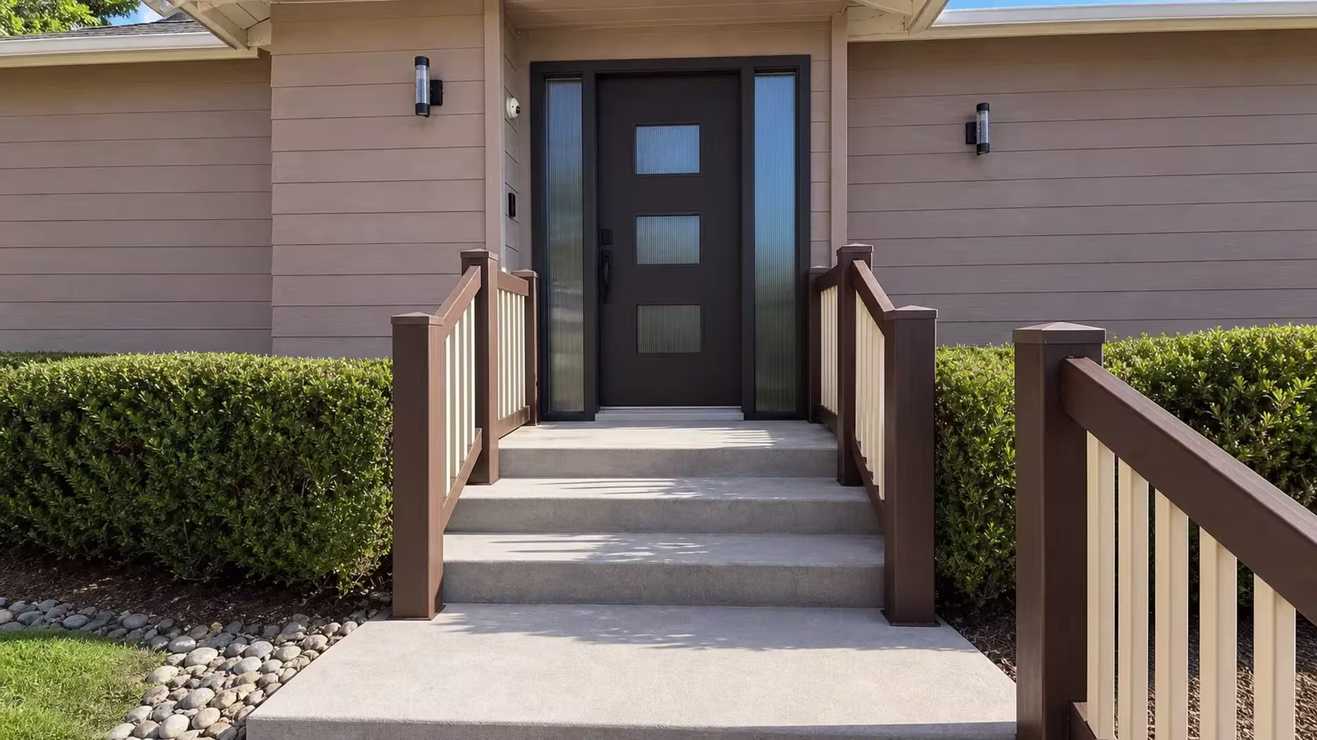 Cream vinyl two-tone fence climbing paired stairs toward a ribbed-glass front door