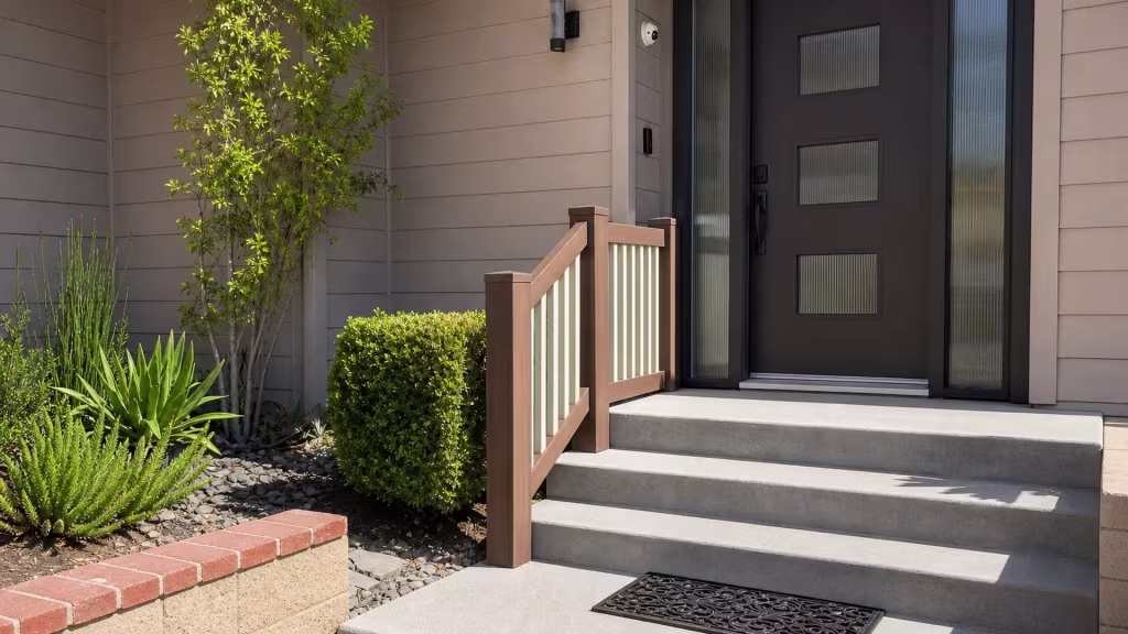 Ivory vinyl two-tone fence lining a brick-edged stairway to a reeded-glass entry door