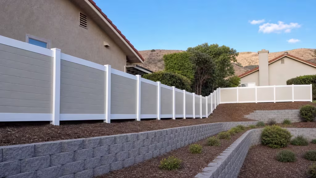 A block retaining wall backs the White vinyl two-tone fence and its gray boards