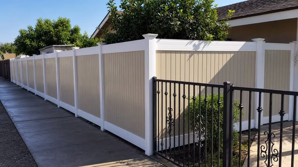 Beige and white vinyl two-tone fence with tongue-and-groove boards and pyramidal caps
