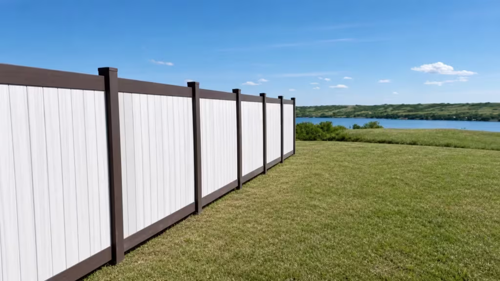 A lake shoreline runs beside the White vinyl two-tone fence with brown-framed posts