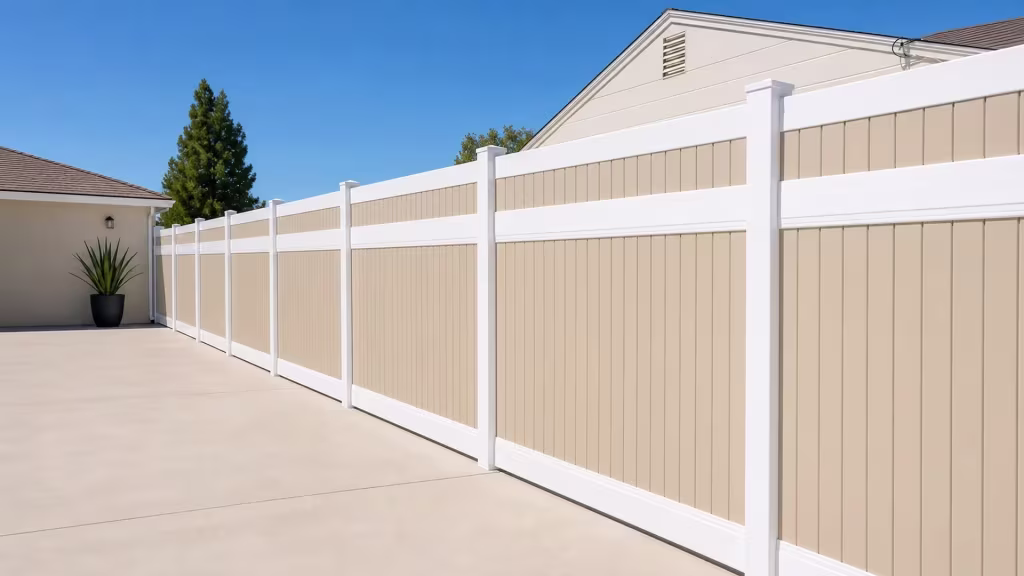 Tan vinyl two-tone privacy fence standing beside a potted spiky plant near a paved outdoor area