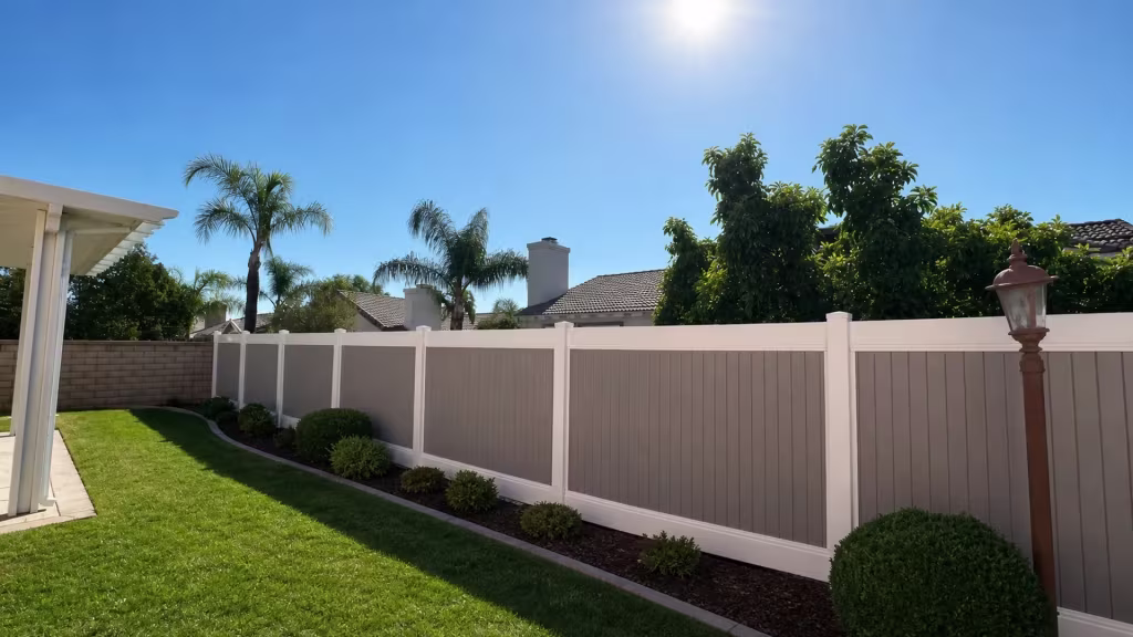 A pale patio cover shelters a Beige vinyl two-tone privacy fence running along the yard's edge