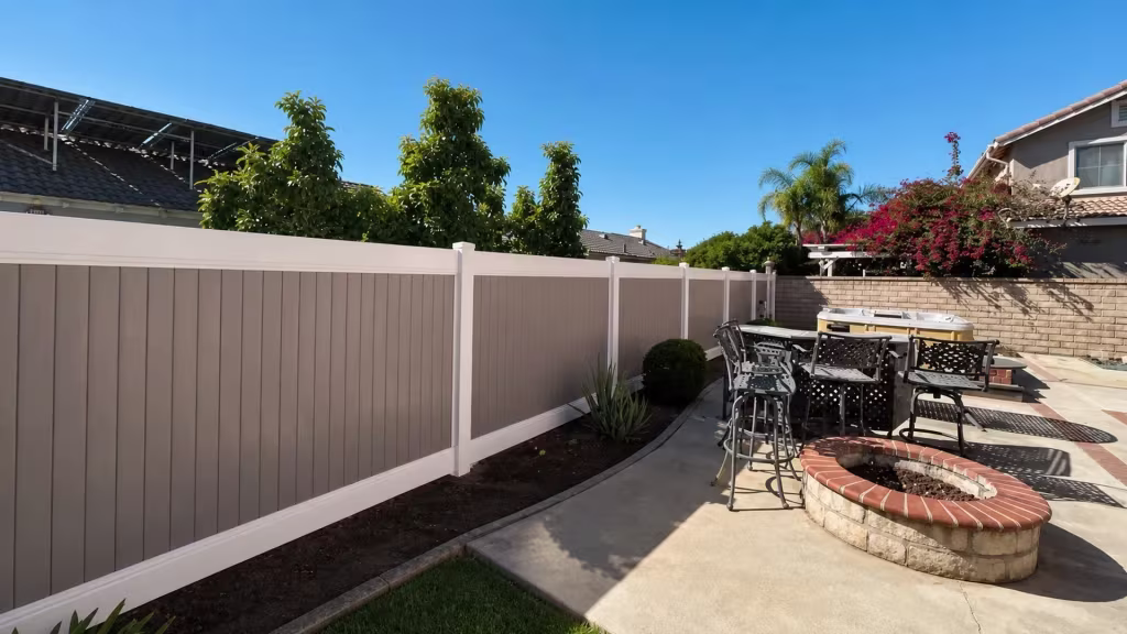 Tan vinyl two-tone fence passing a circular brick-and-stone firepit toward the rear wall