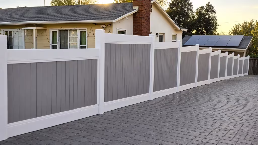 Vinyl two-tone privacy fence stepping down past a paved driveway beneath a solar-paneled roofline