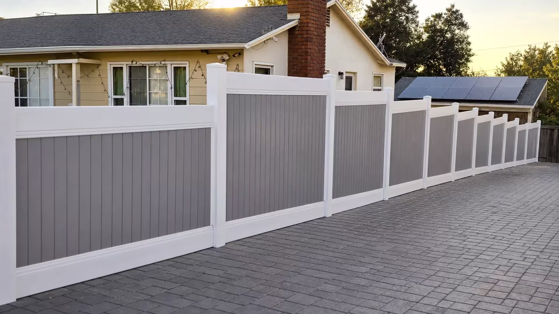 Vinyl two-tone privacy fence stepping down past a paved driveway beneath a solar-paneled roofline