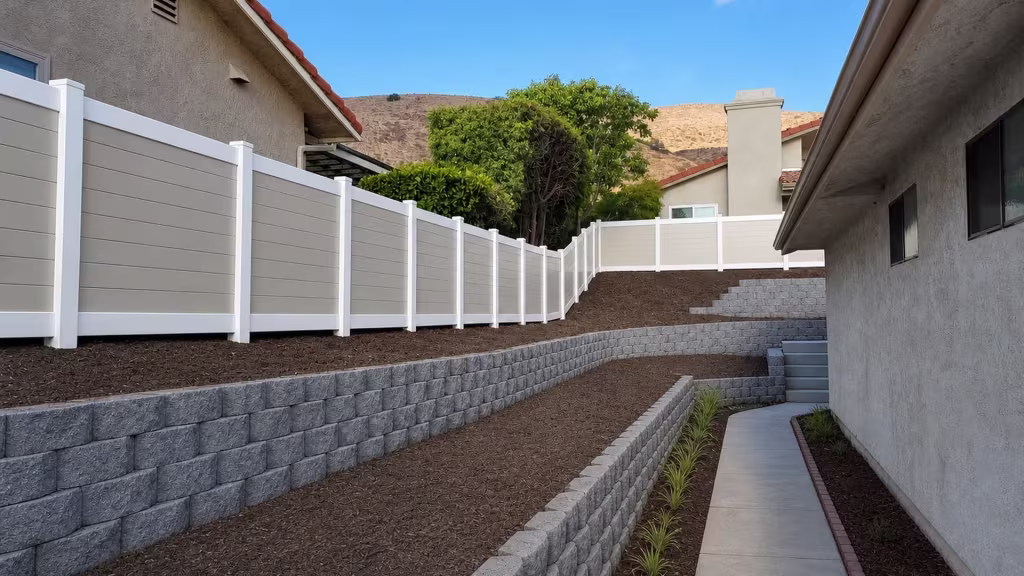 Two-tone White vinyl horizontal privacy fence stepping along graded earth on an upper rear slope