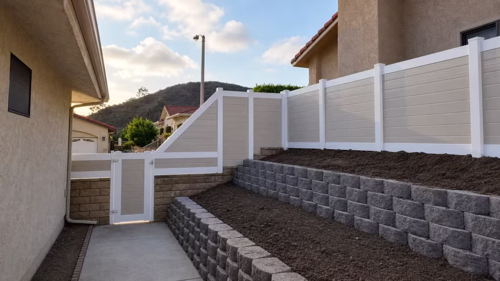 Rising grade carries a Tan vinyl horizontal two-tone privacy fence in steps up a side yard